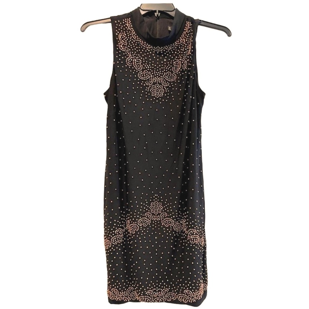 CHETTA B Black Beaded Mock Neck Sleeveless Sheath Dress Size 12 Made in USA‎